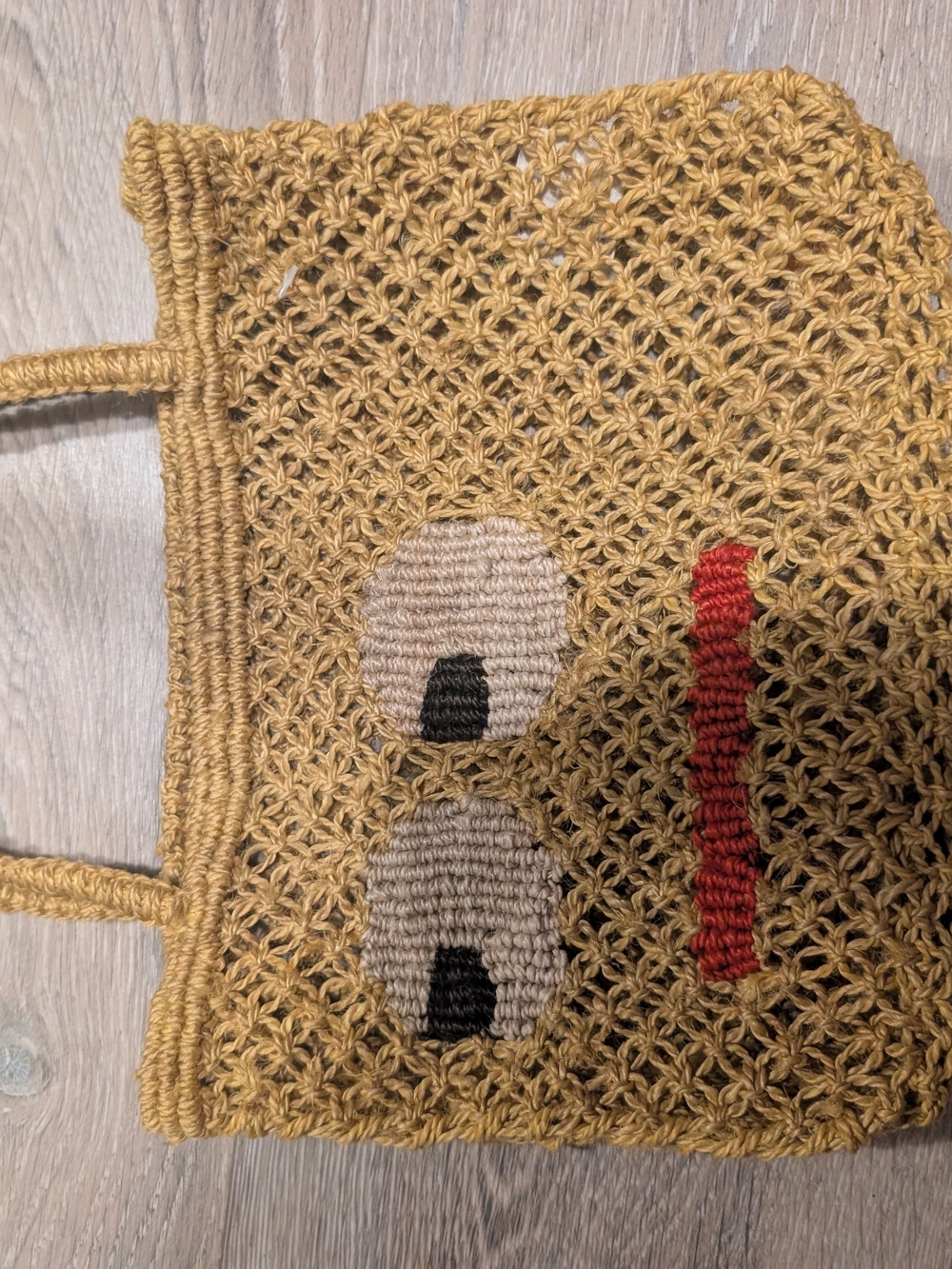 Mustard Crochet Tote Bag with Playful Embroidered Face